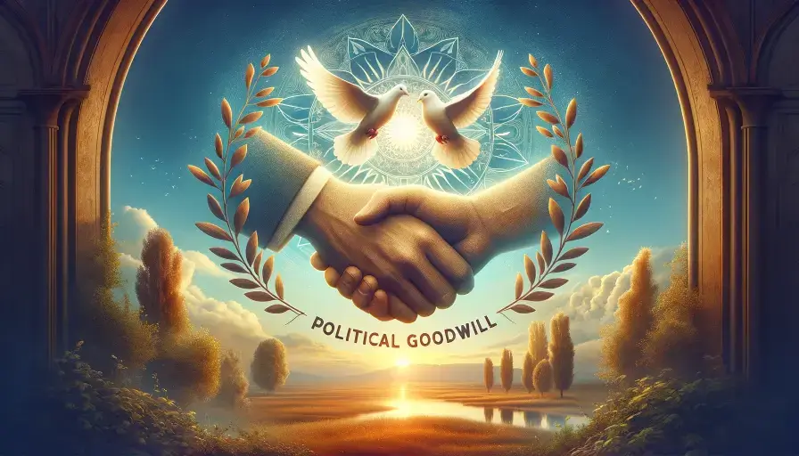 The peace symbol features two white doves facing each other against a blue sky, accompanied by the phrase "Political GoodWill."