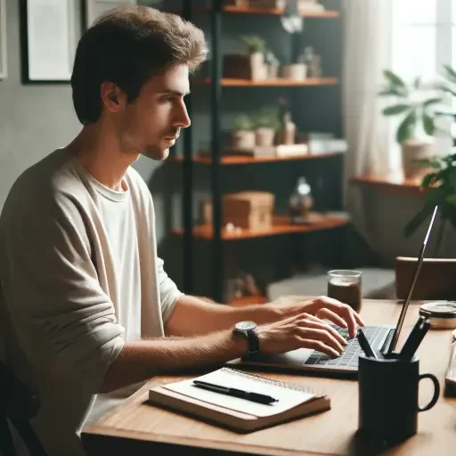 a man in a modern office space, using laptops and notepads to contribute articles